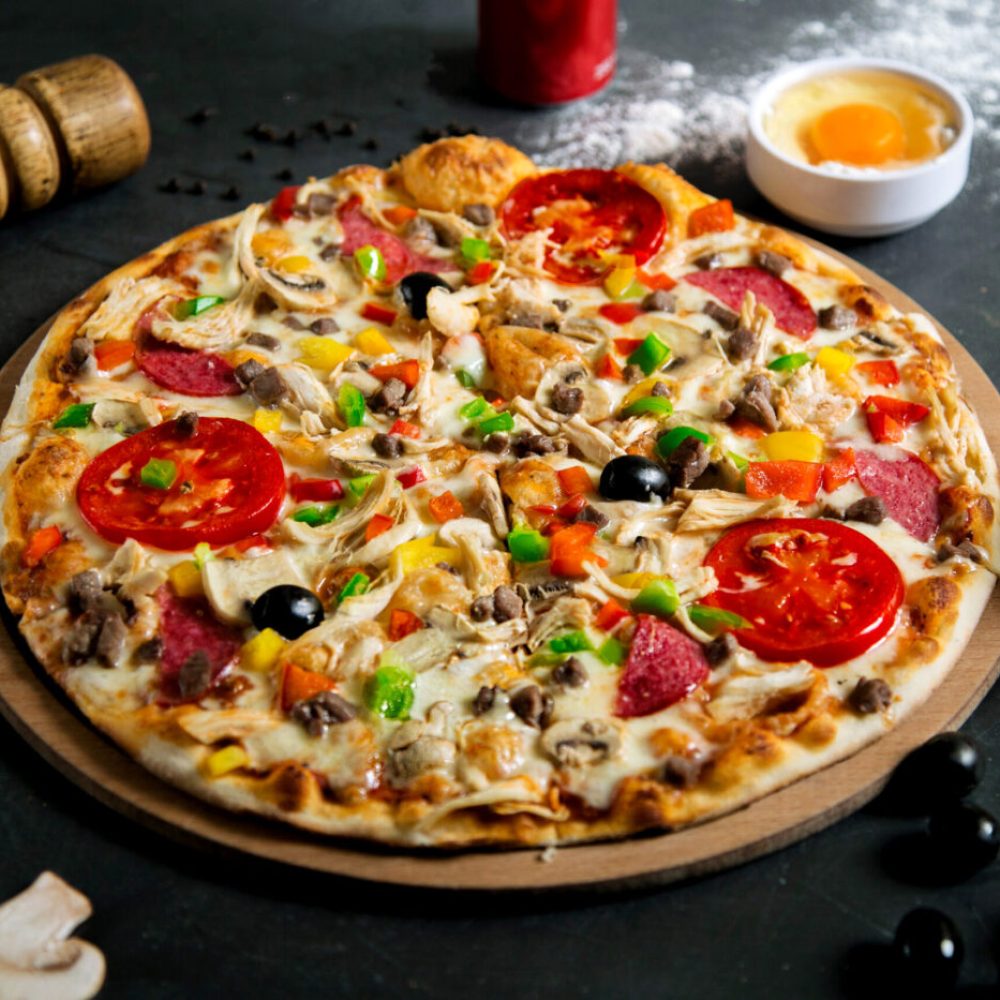 mixed pizza with various ingridients